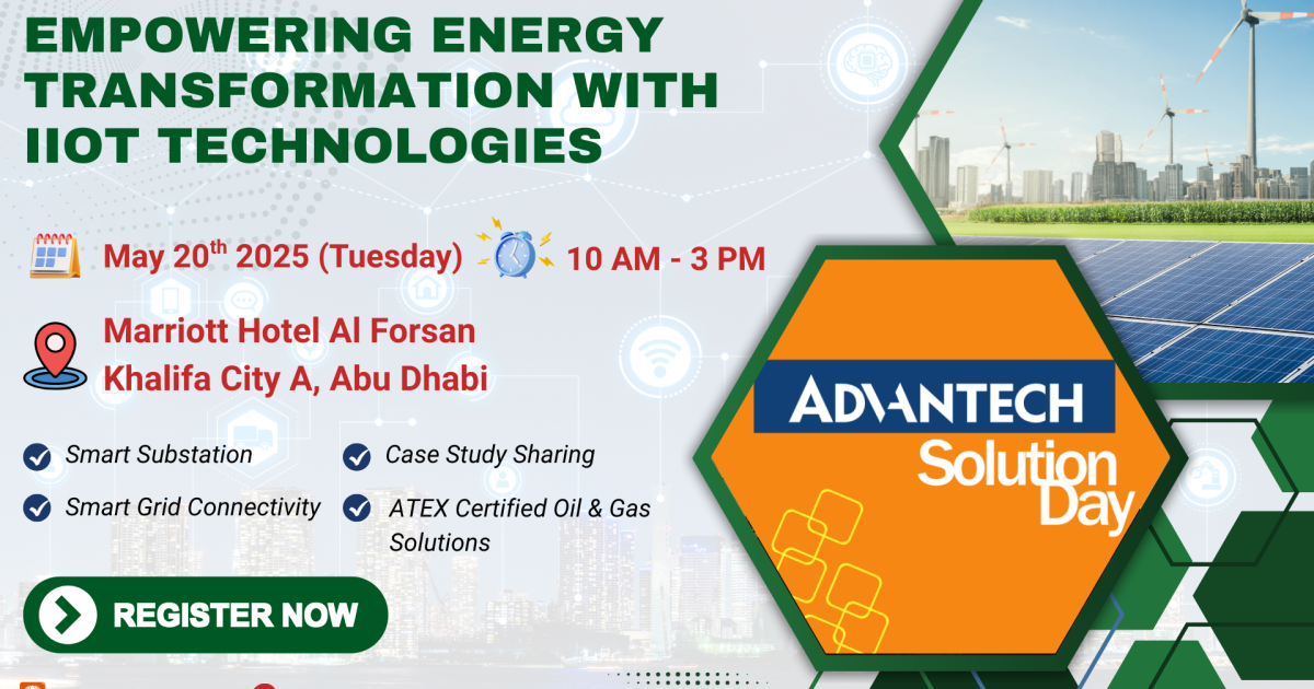 Empowering Energy Transformation with IIoT Technologies – Advantech Solution Day Event Banner for May 20, 2025 at Marriott Hotel Al Forsan, Abu Dhabi.