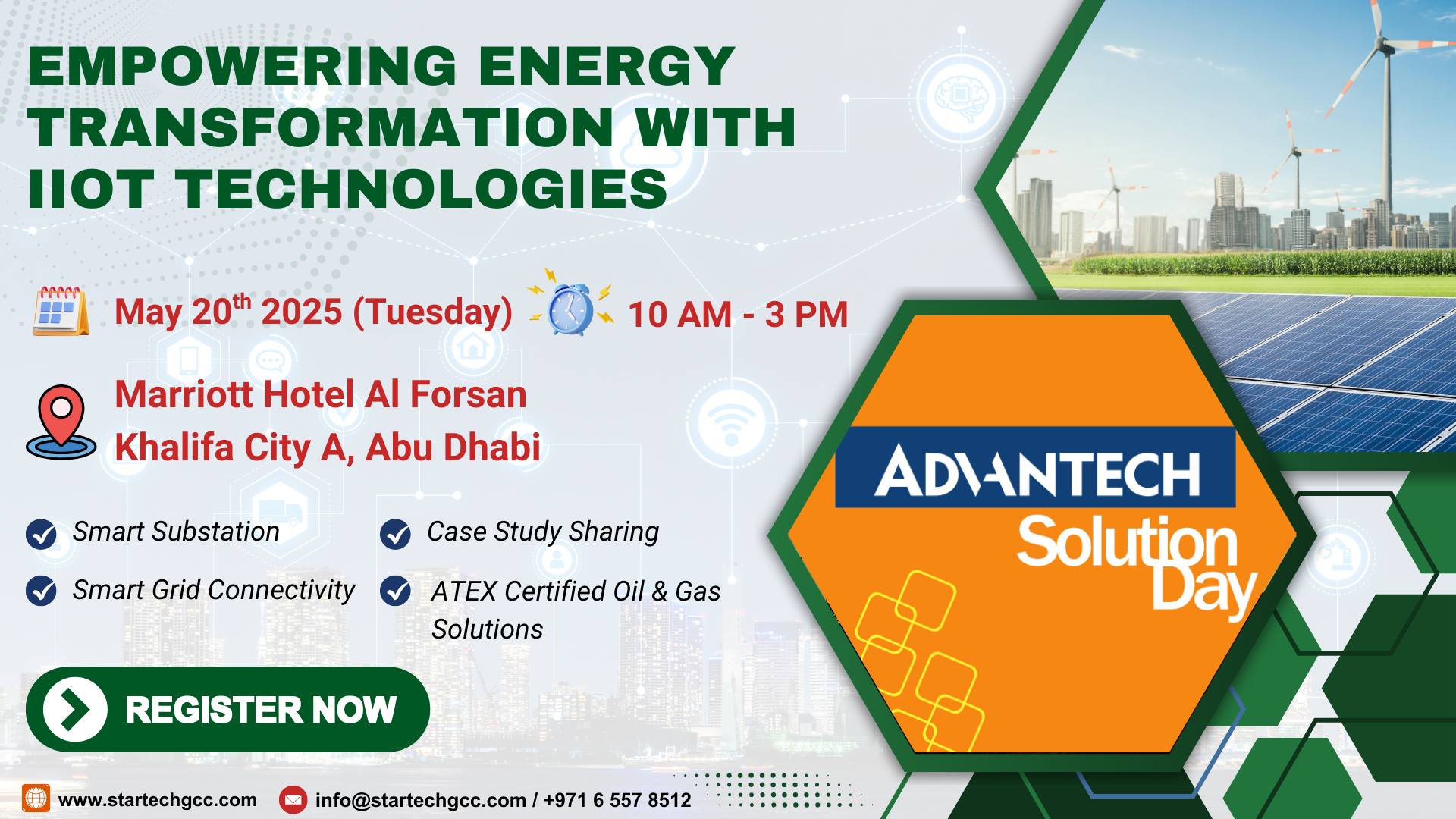 Empowering Energy Transformation with IIoT Technologies – Advantech Solution Day Event Banner for May 20, 2025 at Marriott Hotel Al Forsan, Abu Dhabi.